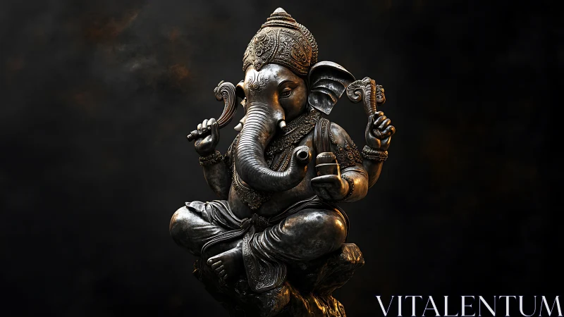 Bronze-toned seated Ganesha statue on dark gradient background.