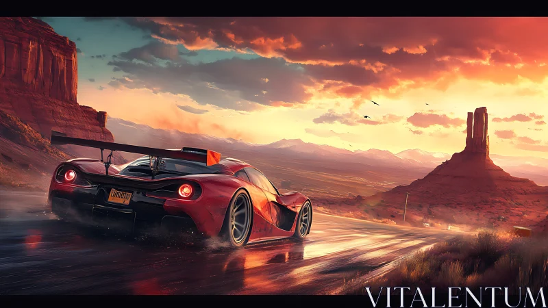 Red supercar speeds through wet desert highway at sunset.