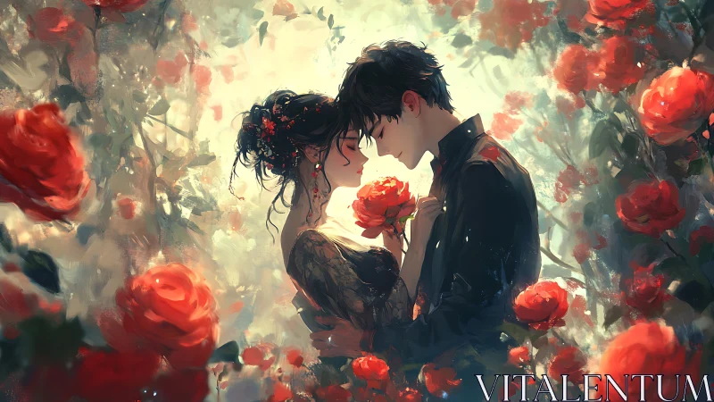 Two Figures Among Red Roses in Backlit Setting