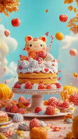 Whimsical Autumn Cake with Character and Colorful Fruit Harvest.