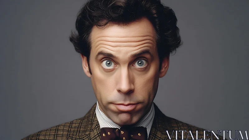 Neutral grey portrait isolates expressive male face and retro attire