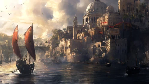 Sunlit domes and crimson sails crown a misty harbor realm.
