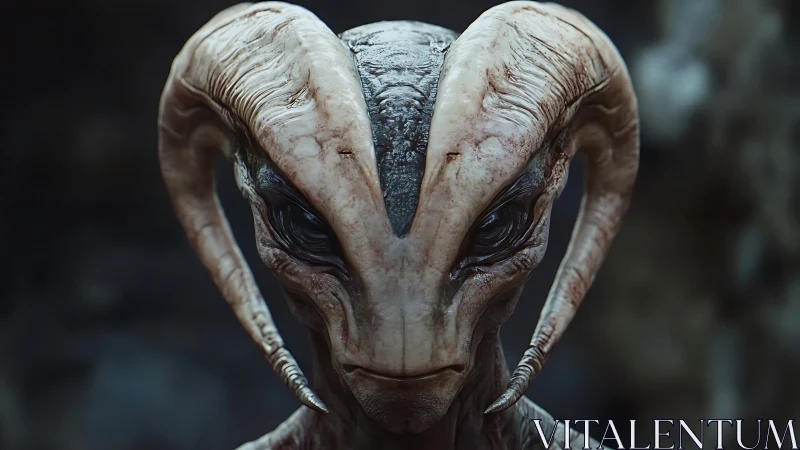 Horned extraterrestrial creature portrait in dim setting.