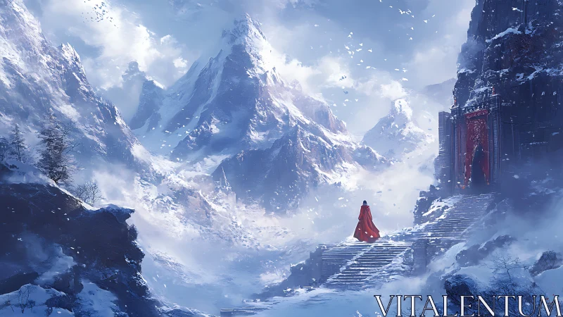 Solitary figure ascending snowy temple steps in mountains.