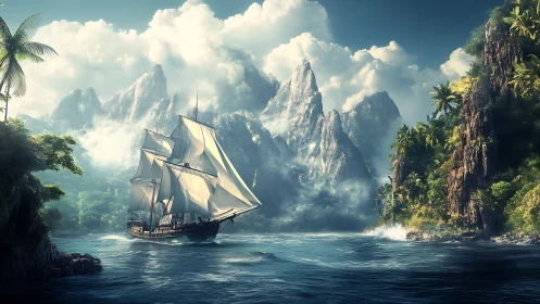 Sailing Ship Navigates Mystical Mountain Passage.