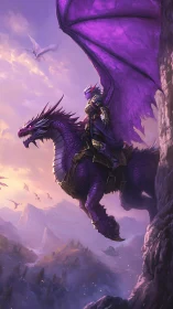 Armored rider controls purple dragon above mountain valley