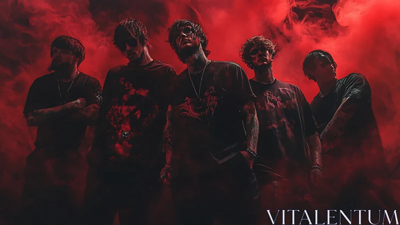 Five-person group stands in dense red atmospheric lighting haze