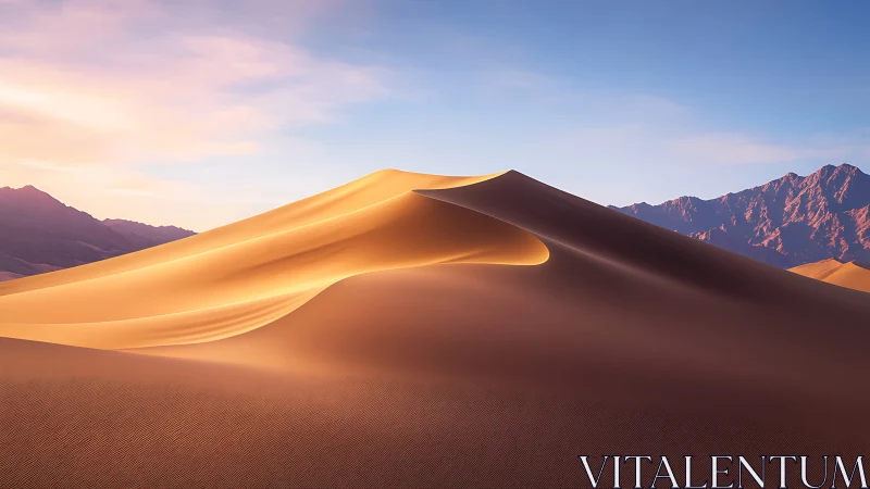 Sunlit desert dunes curl like golden waves at dawn.