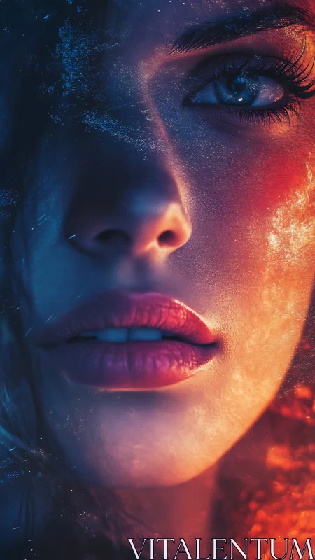 Cinematic portrait in dual-tone lighting with abstract texture.