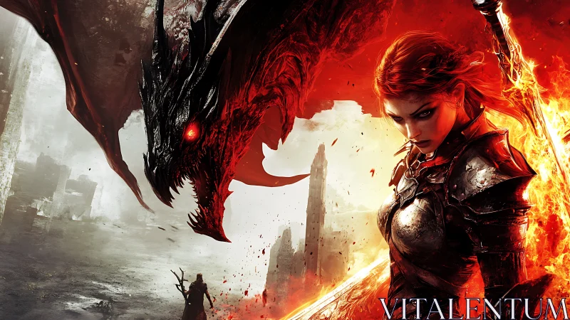 Armored warrior and red dragon in burning fantasy landscape.