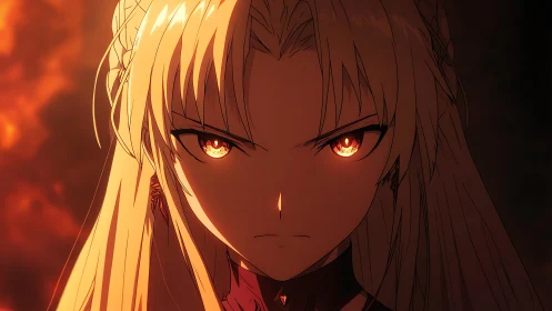 Intense anime woman with glowing fiery eyes in close-up