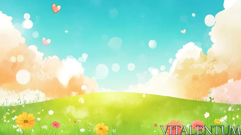 Cartoon meadow landscape with flowers, clouds and hearts.