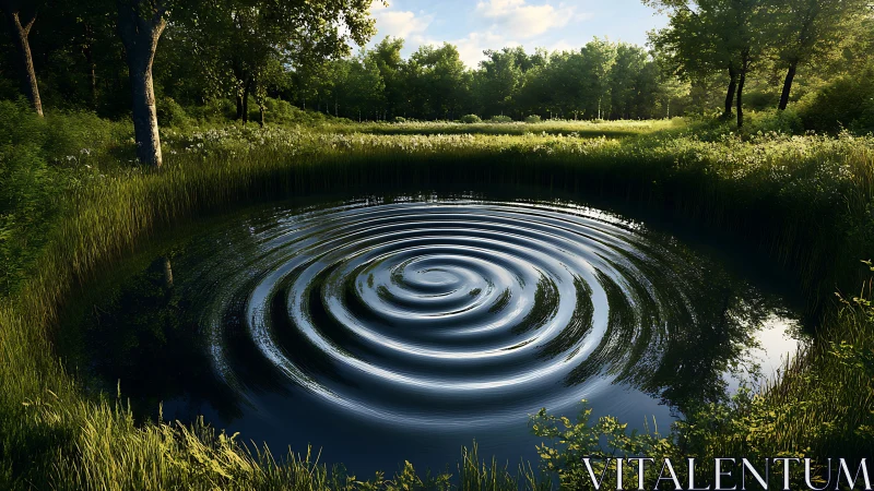 Concentric surface ripples propagate across reflective forest pond