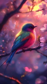 Rainbow songbird resting in dreamy sunset blossoms.