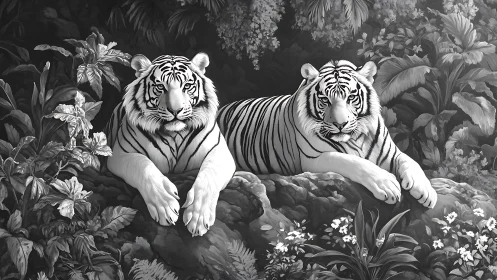 Two Bengal Tigers Resting in Botanical Garden Environment. Monochromatic.