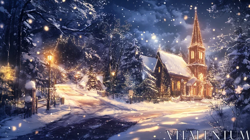 Snowlit chapel glows like a lantern in midnight winter hush.