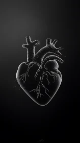 Anatomical heart rendered in white line drawing on dark background