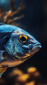 Blue reef fish glows against dark bokeh marine background