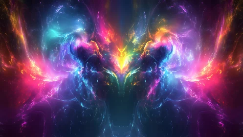 Nebula wings ignite in mirrored cosmic prismatic storm.