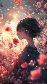 Girl in glowing floral field breathes soft sunset light.