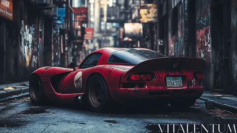 Red sports car waits in a moody, rain-soaked urban alleyway.
