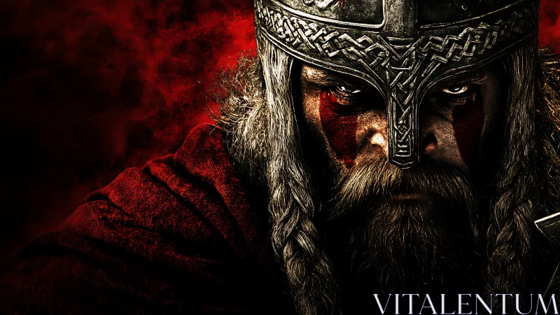 Battle-hardened Viking warrior stares through blood and steel.