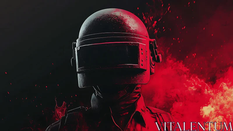 Crimson combatant stands in blazing digital inferno silence.