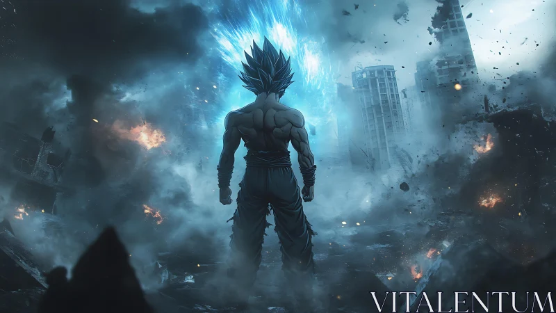 Stormlit warrior ignites a ruined city with electric fury