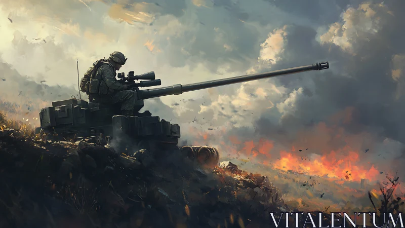 Lone tank gunner steadies aim above a burning battlefield.