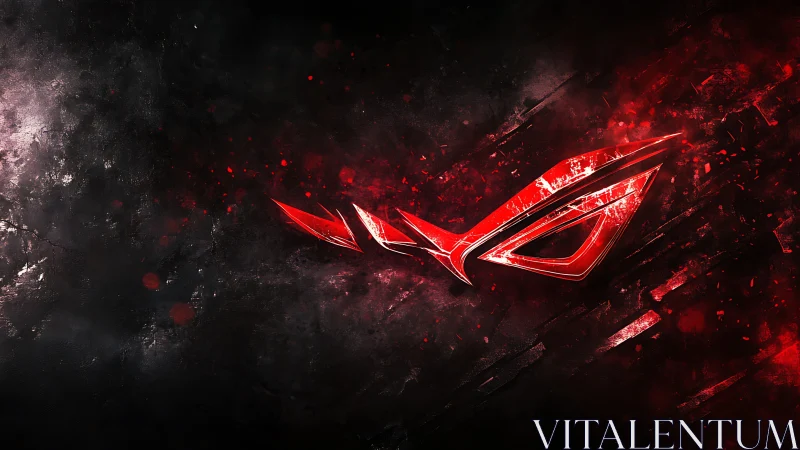 Angular red emblem slices through textured dark digital field