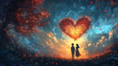 Two figures hold hands beneath a fiery heart-shaped nebula.