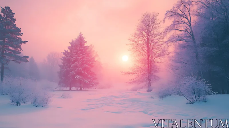 Winter forest landscape under pink foggy sunrise light.