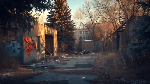 Winter-lit derelict alley with graffitied concrete sheds at dusk.