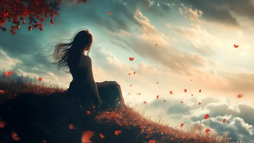 Silhouetted figure on hillside with drifting petals at dusk.