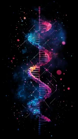 Neon double helix glows amid cosmic particles in deep space.