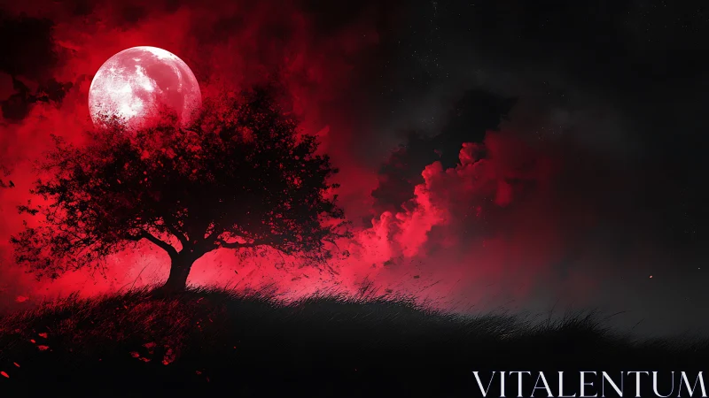 Backlit silhouette tree under high-contrast red lunar sky