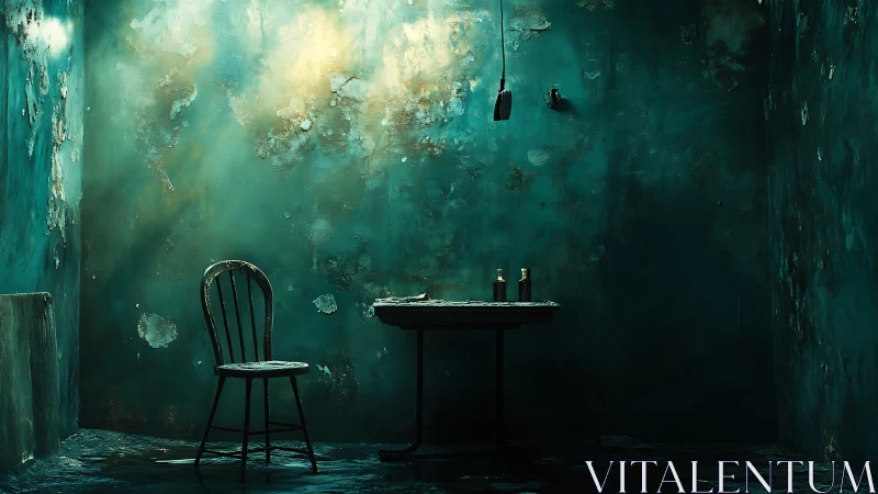 Decayed teal room with lone chair, table and moody beams.