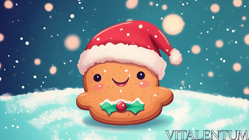 Cute gingerbread cookie wearing Santa hat in snow.