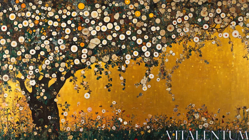 Flowering tree against gold ground in decorative panel.