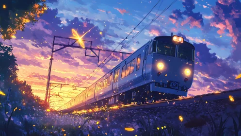 Electric commuter train advances through glowing twilight sky