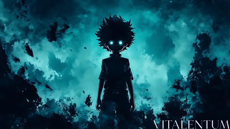 Shadowy anime child stands bold against swirling teal storm