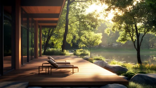 Modern lakeside deck with lounge chairs in golden hour light