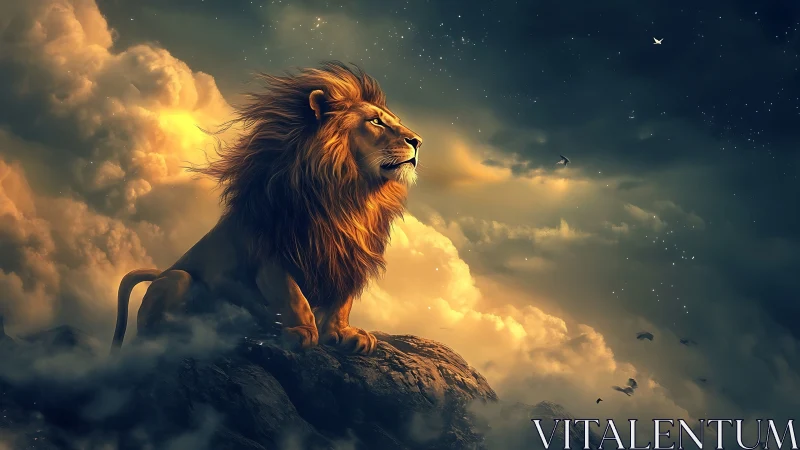 Male lion on rocky outcrop under clouded night sky.