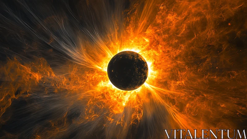 Heliocentric plasma eruption encasing eclipsed planetary sphere.