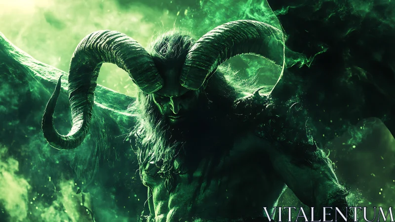 Brooding horned guardian emerges in vivid green magic light