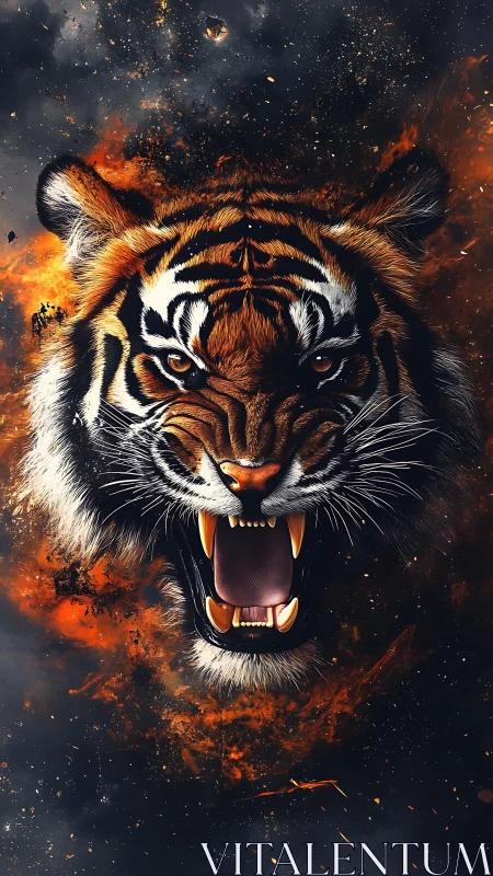 Tiger head digitally rendered amid dispersed fiery particles