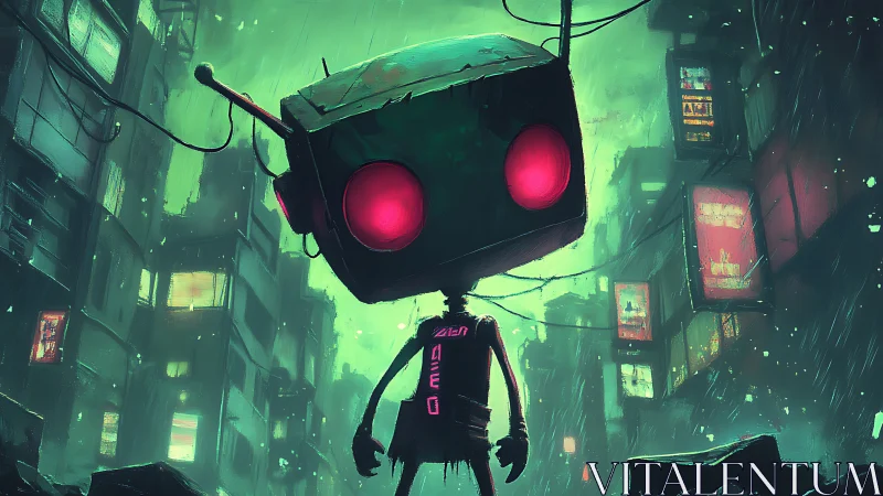 Neon-eyed street robot tilts curiously through rainy circuits