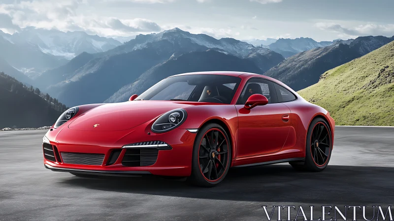 Red sports coupe on mountain road with distant alpine range.