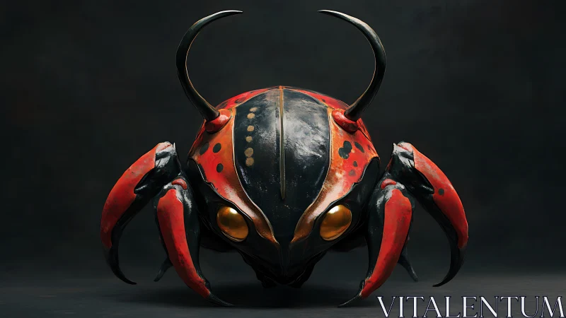 Futuristic beetle drone with red armor and golden eyes.