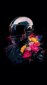 Chrome-helmeted figure with neon florals on black field.